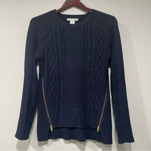 CAbi Sweater Women’s Small Navy Blue Cable Knit Side Zip Raglan Crewneck Chunky